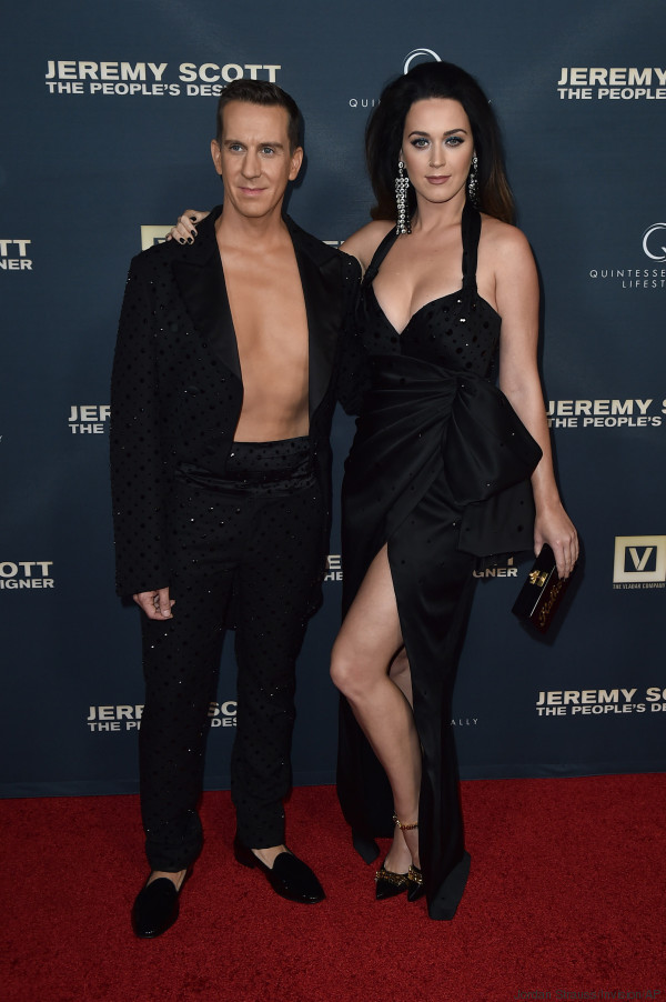 Jeremy Scott, left, and Katy Perry pose during her handprint ceremony after the premiere of "Jeremy Scott: The People's Designer" at the TCL Chinese Theatre on Tuesday, Sept. 8, 2015, in Hollywood, Calif. (Photo by Jordan Strauss/Invision/AP)